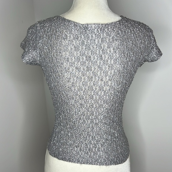 Vintage 90s Y2K Wrapper Textured Shimmer Top Short Sleeve Scoop Neck Blouse - Picture 5 of 11